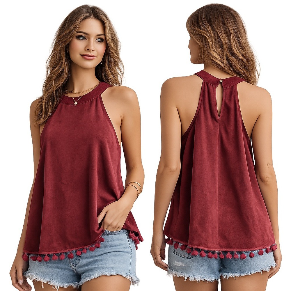 Boho Festival Halter Top Pom Pom Trim Faux Suede Burgundy Racerback Womens Large